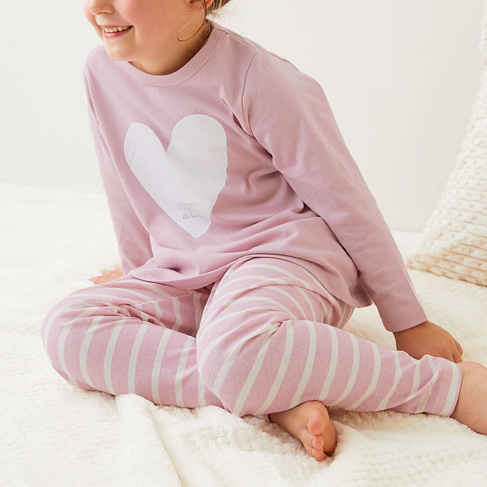 100%棉 高腰長袖家居服套裝-愛心條紋-粉紅