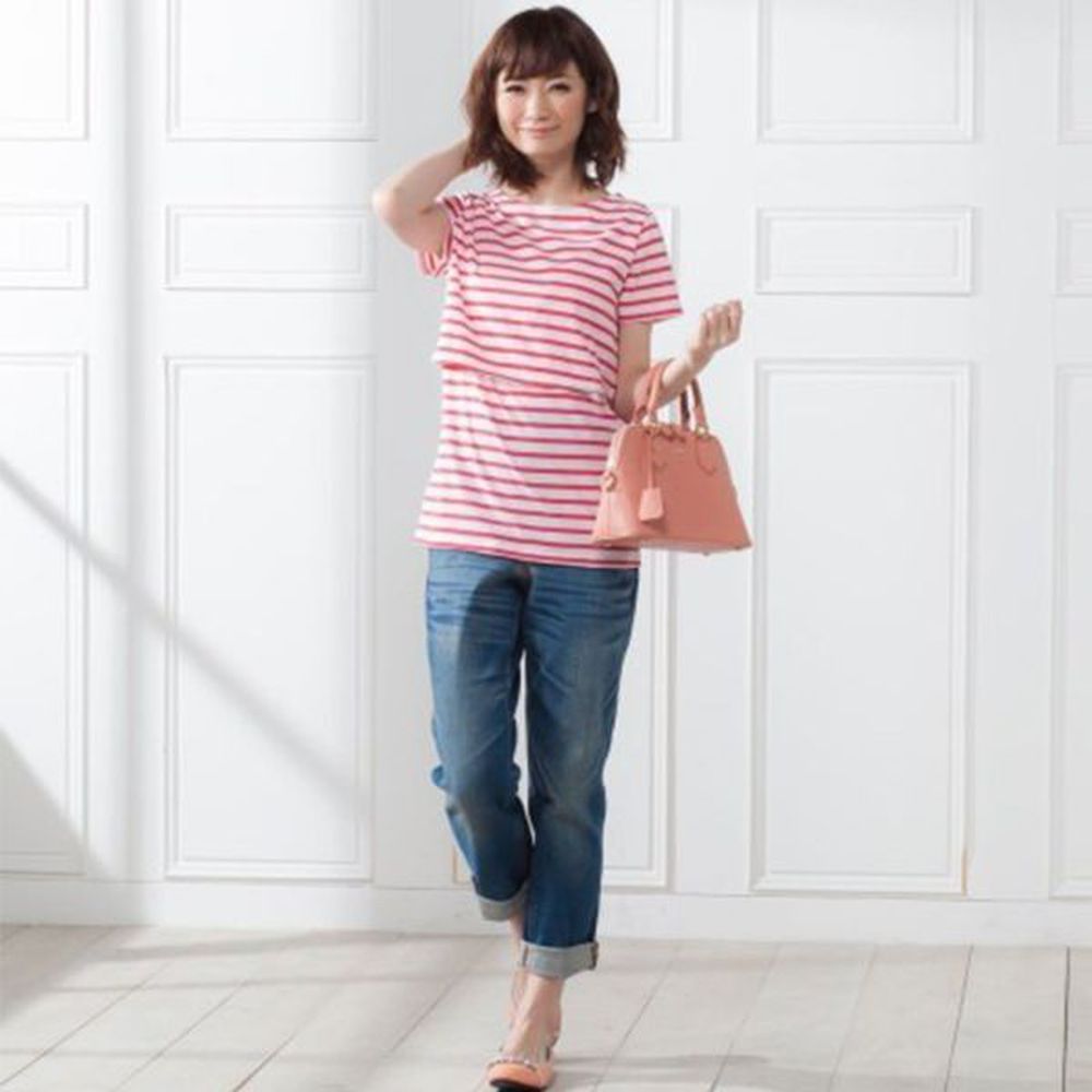 日本 Nissen - 人氣款船領條紋哺乳T恤-紅白條紋 (M)