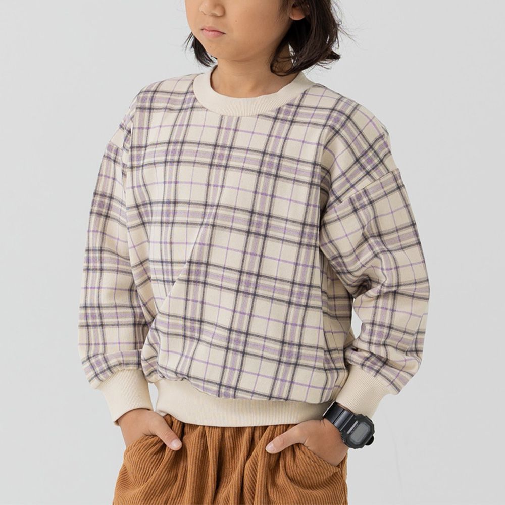 100%棉 北歐風印花裏毛長袖上衣-格紋-紫