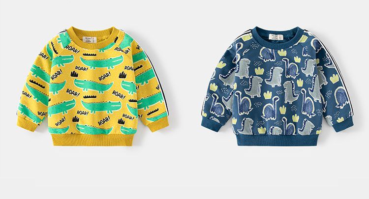 WELLKIDS - 圓領棉質長袖上衣/大學T-塗鴉萌萌恐龍-深藍色