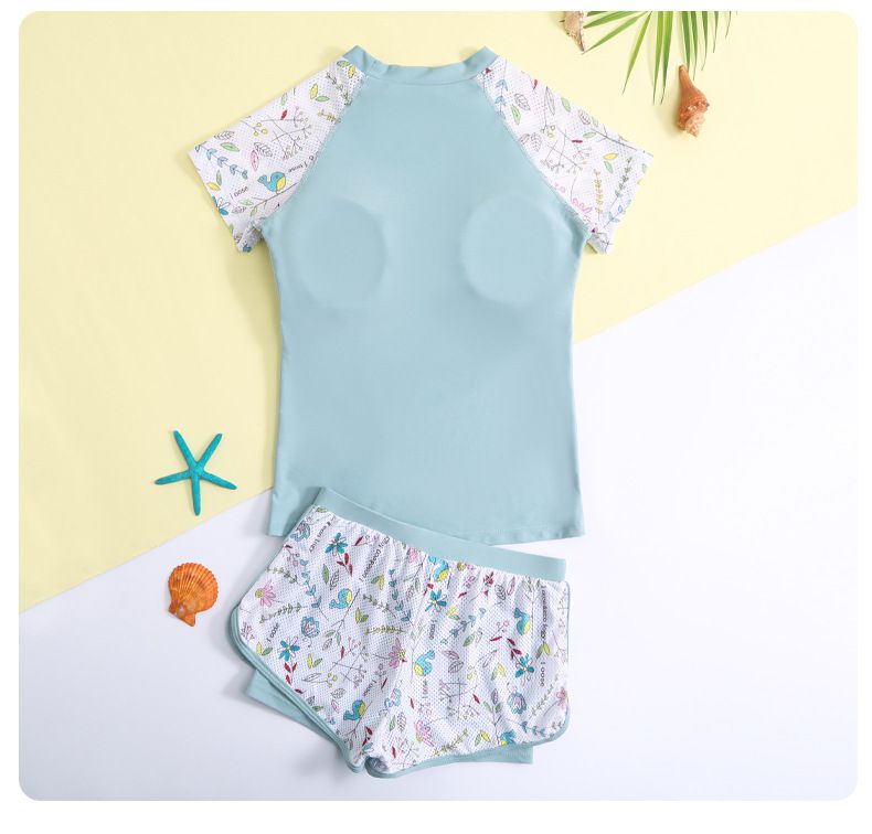 大童女孩運動風短袖泳衣套裝(二件組)-繽紛樹葉-湖水綠-泳衣、泳褲