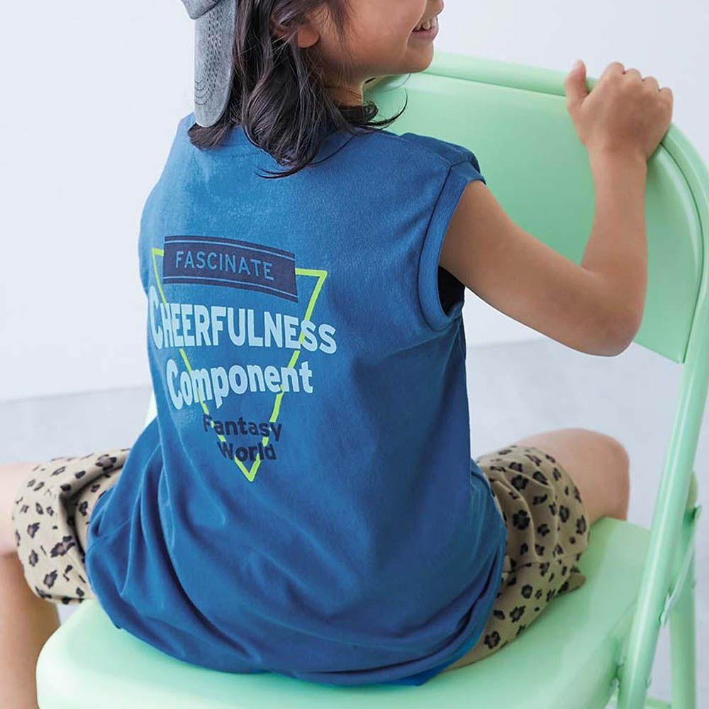 100%棉 定番印花寬版無袖上衣-背後三角形-寶藍