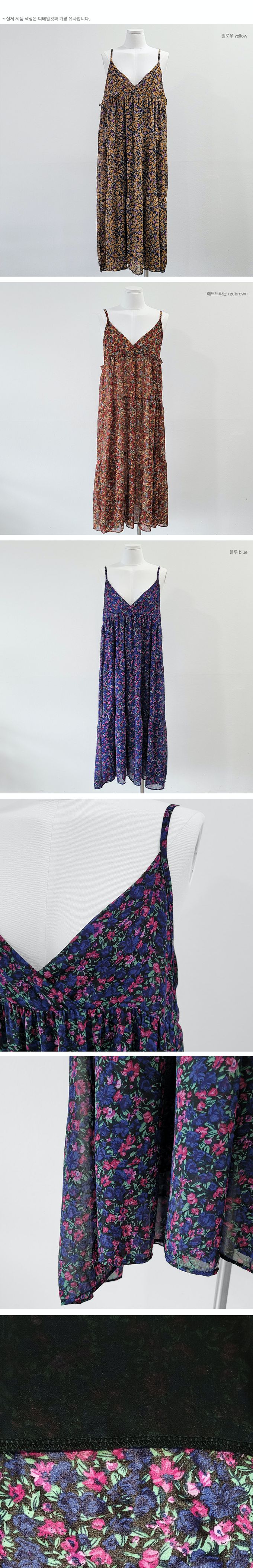 韓國女裝代購 - 復古花漾細肩帶連身洋裝-咖啡紅 (FREE)