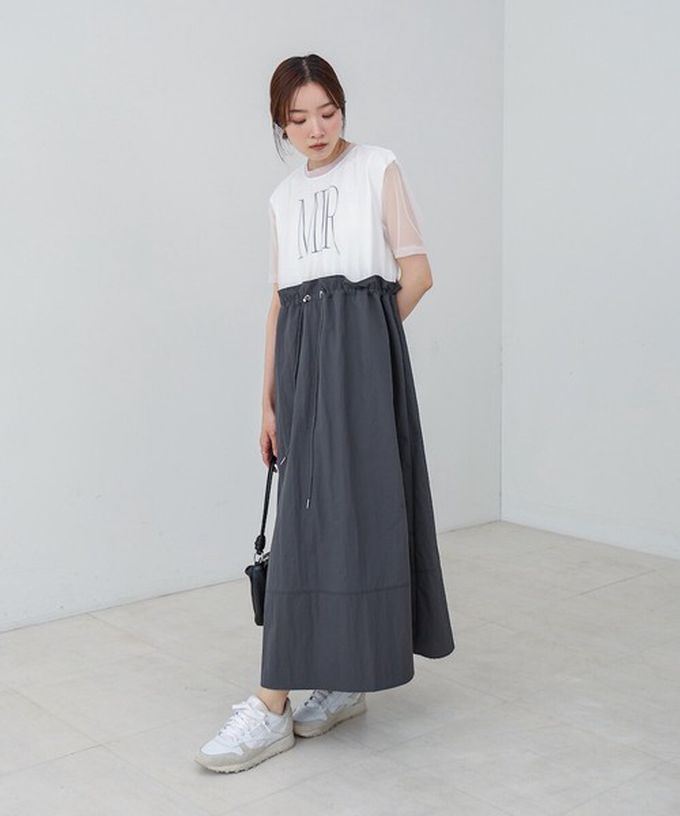 日本 Bab - 拼接層次感抽繩薄紗短袖洋裝-白x摩卡