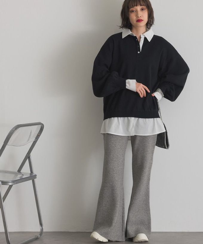 日本 ELENCARE DUE - 假二件襯衫領輕盈落肩長袖上衣-開心果綠