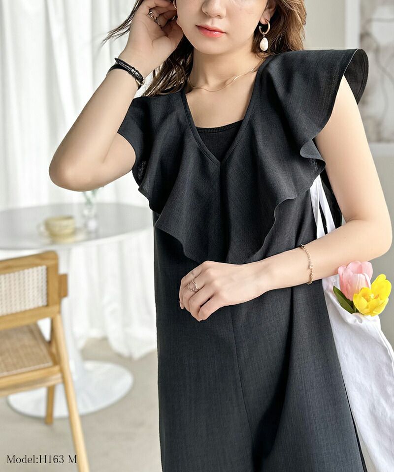 日本 Classical Elf - 浪漫荷葉V領無袖連身褲-摩卡