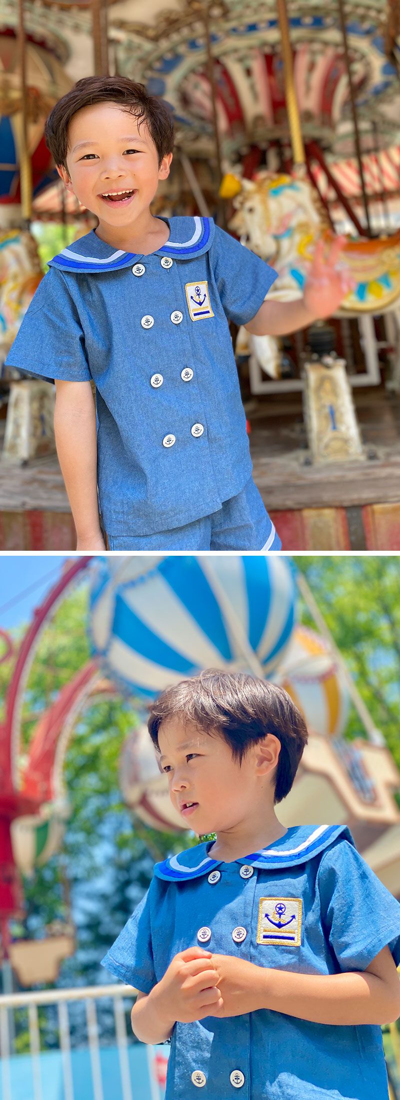 韓國 OZKIZ - 丹寧水手翻領排釦套裝-丹寧藍