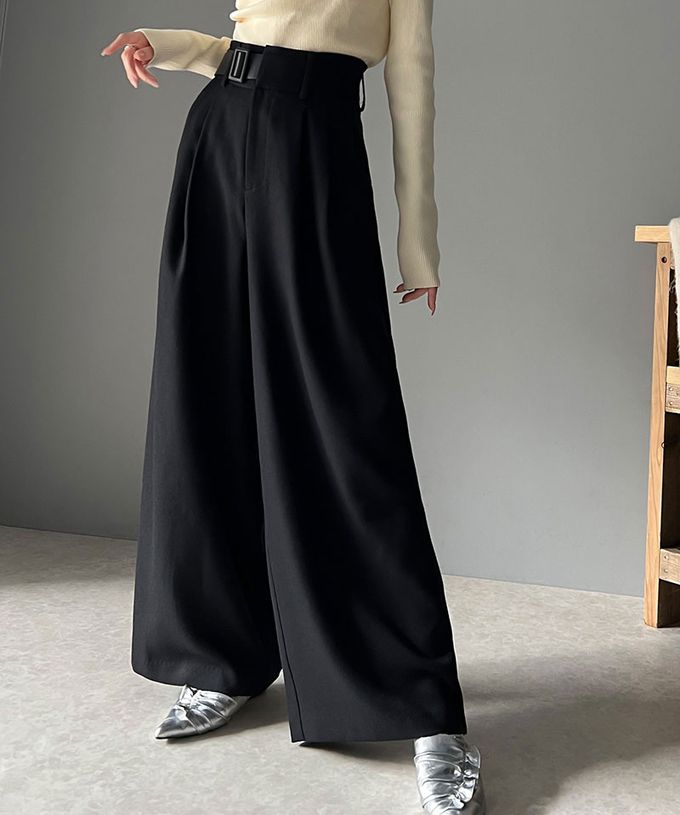 日本 Classical Elf - 腰帶造型粗花呢高腰美腿寬褲-淺杏