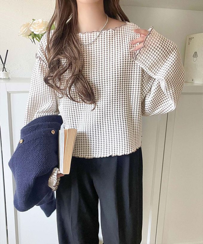 日本 Classical Elf - 2way華夫格木耳捲邊浪漫長袖上衣-白