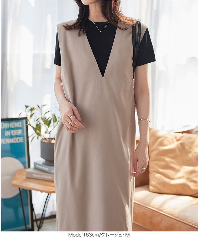 日本 Kobe Lettuce - 俐落精緻深V修長連身洋裝-(可選長度)-黑