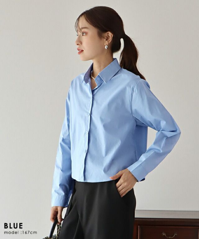 日本 BLUE EAST - 俐落短版翻領長袖襯衫-黑