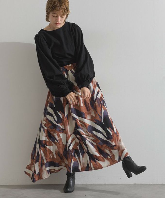 日本 Lupilien - 油畫線條感印花飄逸長裙(附口袋)-綠棕系