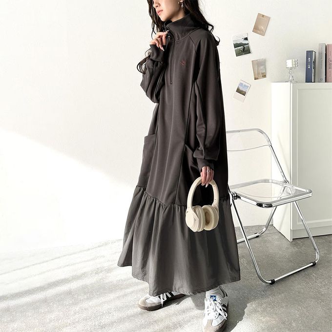日本 Classical Elf - 異素材荷葉拼接半拉鍊寬版長袖洋裝-黑
