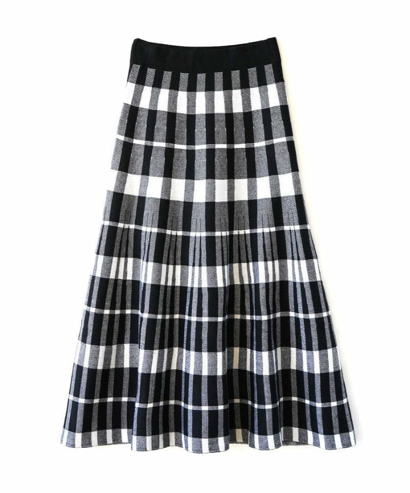 日本 zootie - 單色格紋百褶針織長裙-黑白-M