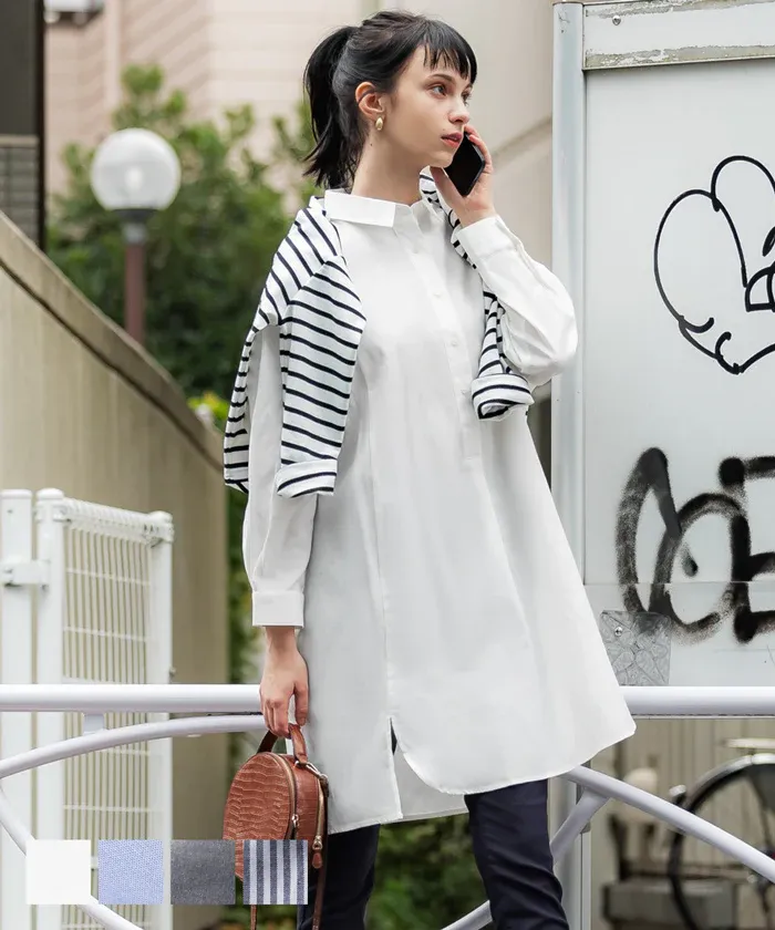 日本 COCA - 質感翻領排扣中長版襯衫-深灰