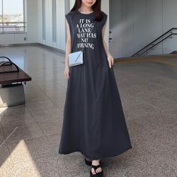 日本 GRL - 100%棉 英文字印花休閒無袖洋裝-海軍藍 (F)