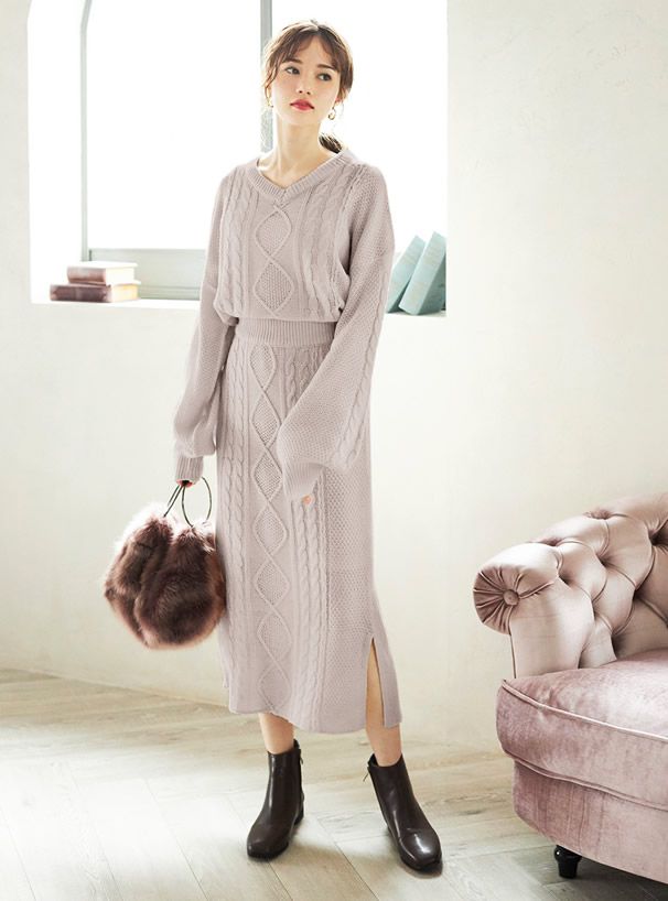 日本 GRL - V領針織毛衣x開衩針織長裙2件組-紫