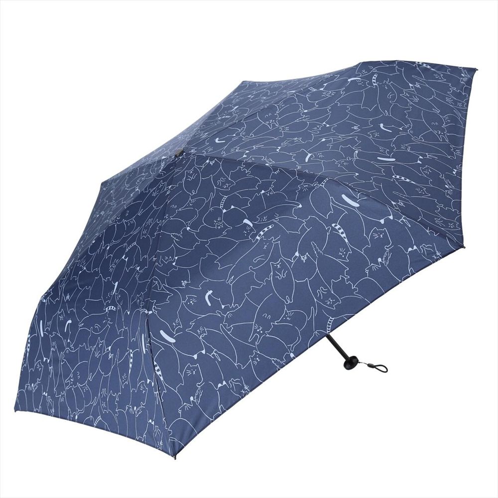 日本 nifty colors - 抗UV輕量 晴雨兩用折疊傘-線條貓咪-深藍 (直徑98cm/133g)-94.80%