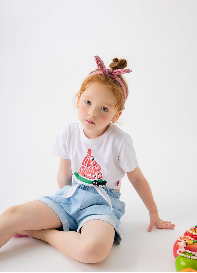 韓國 OZKIZ - 螞蟻吃西瓜印綁帶短袖上衣-白