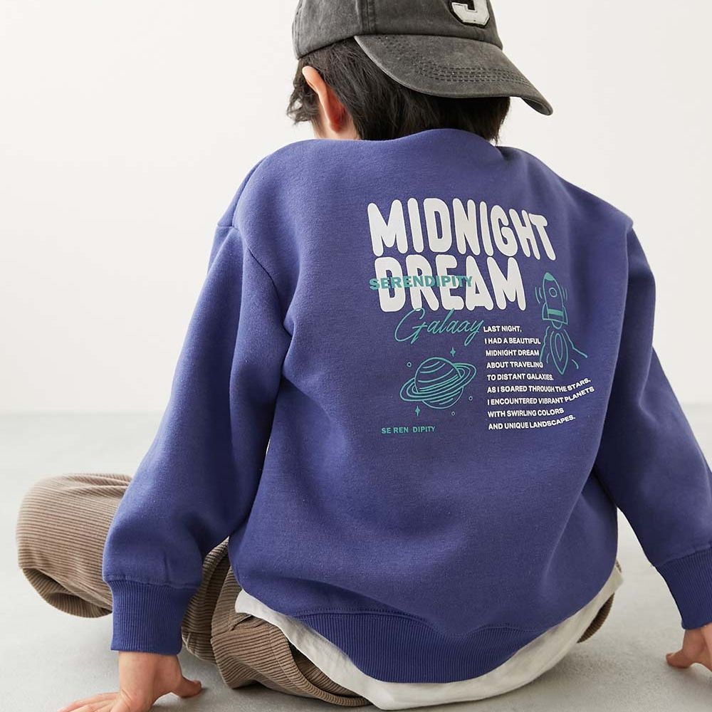 熱銷定番 裏起毛落肩大學長袖上衣-星球火箭-藍紫