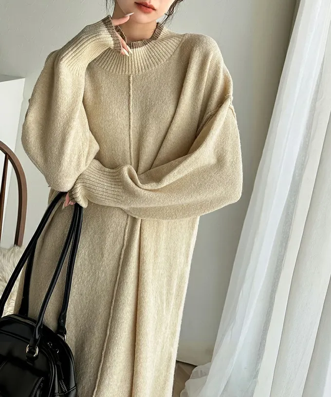 日本 Classical Elf - 溫暖滾邊小立領優雅針織長袖洋裝-米