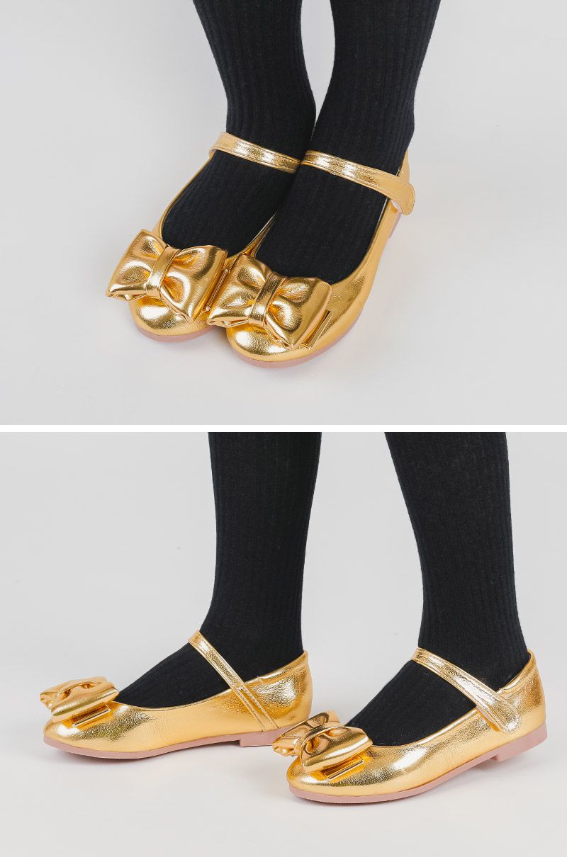 韓國 OZKIZ - 大蝴蝶結亮色皮鞋-金