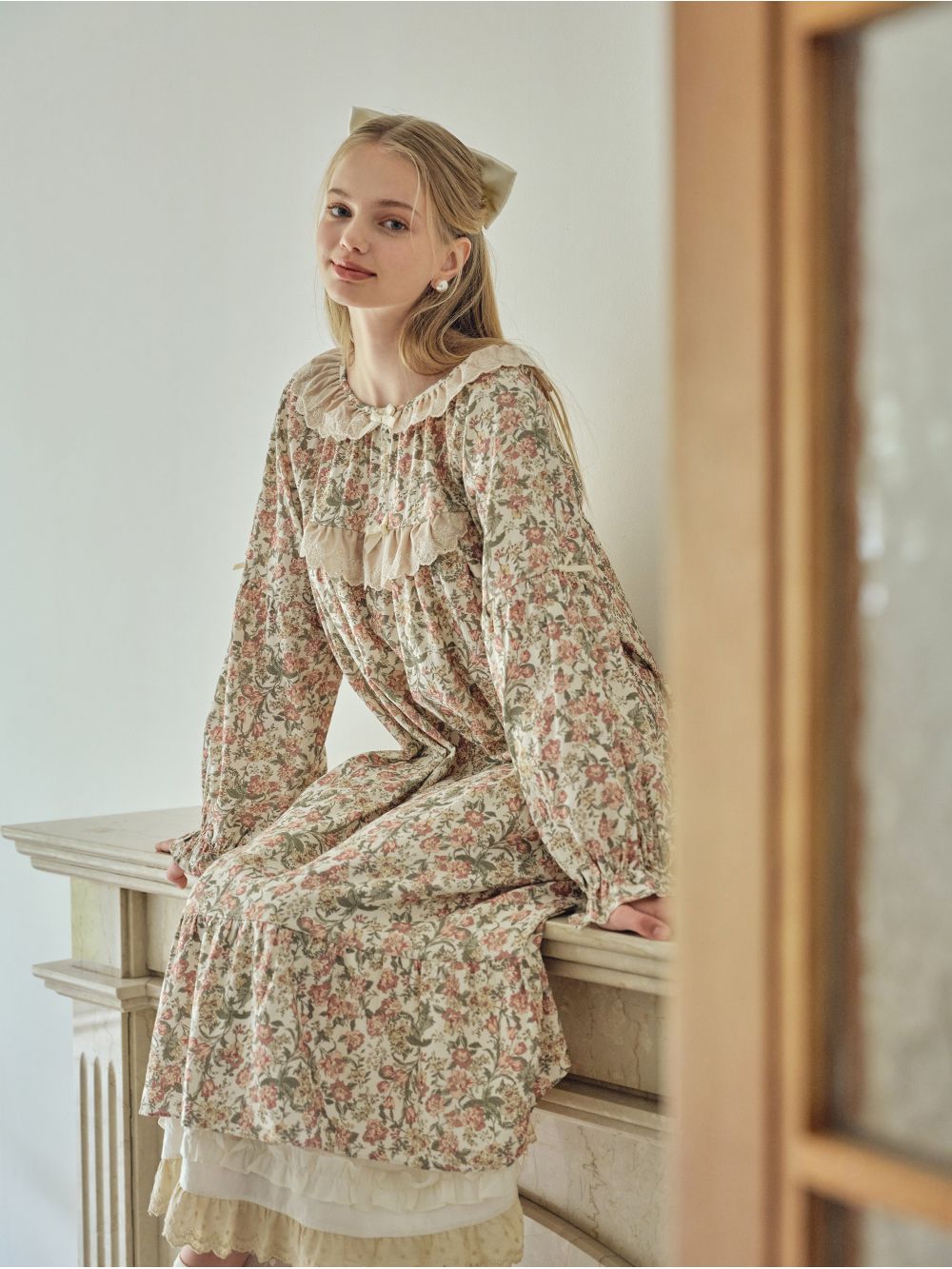 韓國 ULLALA - 絕美公主純棉長袖睡衣-(洋裝式)-奶油色 (FREE)