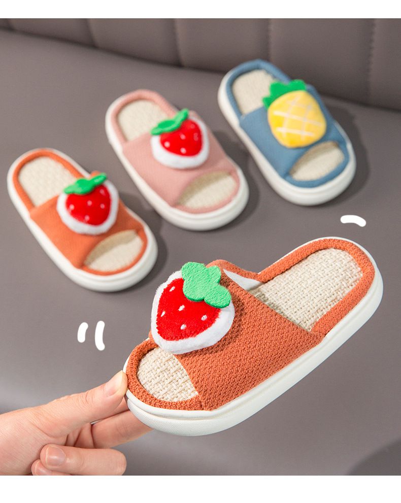 兒童款亞麻室內拖鞋-立體水果-藍色