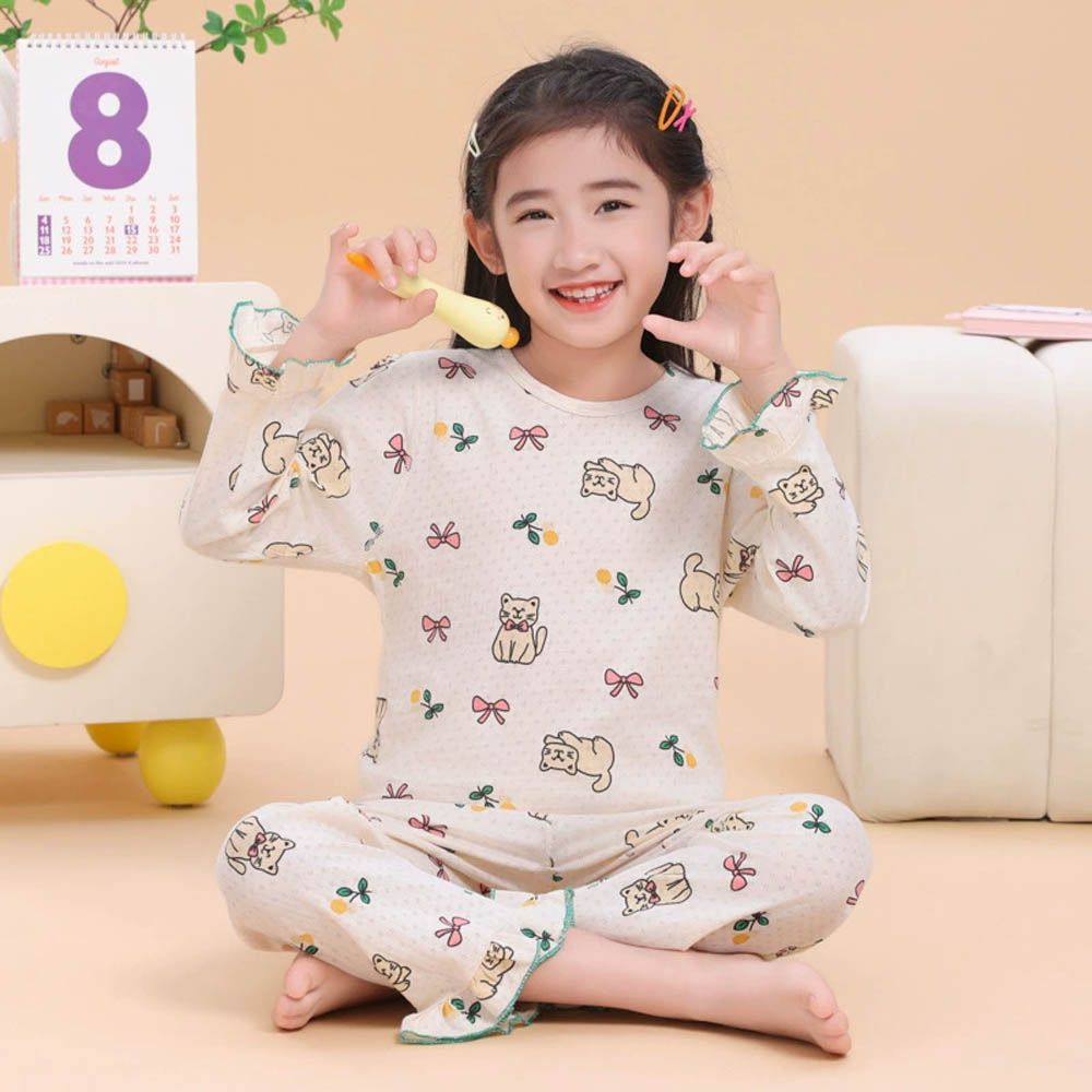 純棉網眼荷葉邊長袖家居服套裝/空調服-領結貓咪