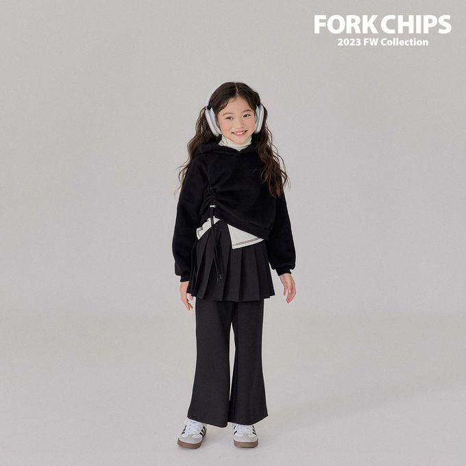 韓國 FORK CHIPS - 鬆緊腰裝飾百褶裙微喇叭長褲-黑