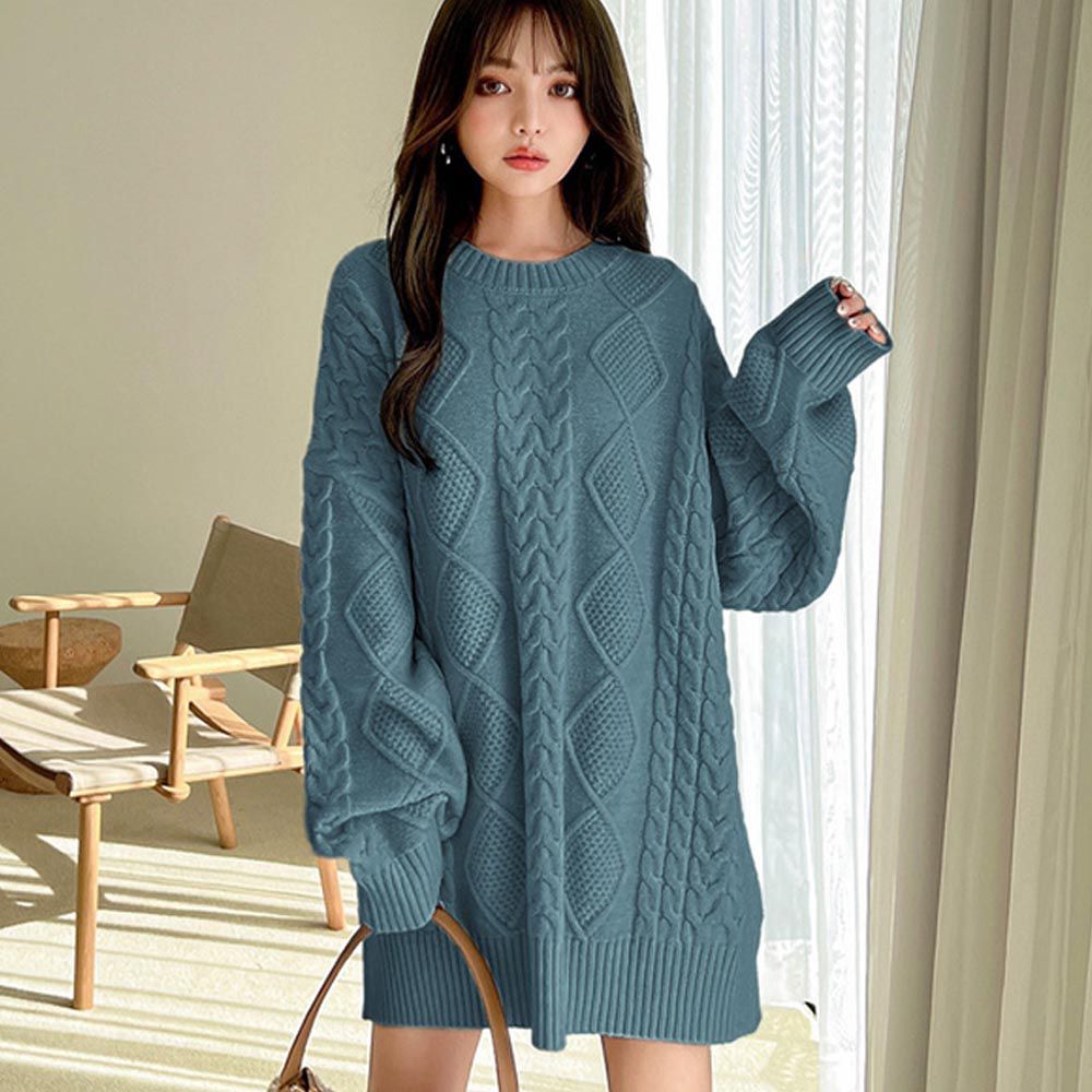 日本 GRL - 慵懶感編織紋長版毛衣-藍綠 (F)