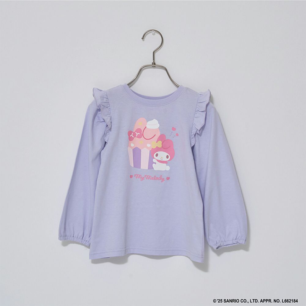 聯名款 正反穿肩荷葉印花長袖上衣-卡通人物美樂蒂-薰衣草