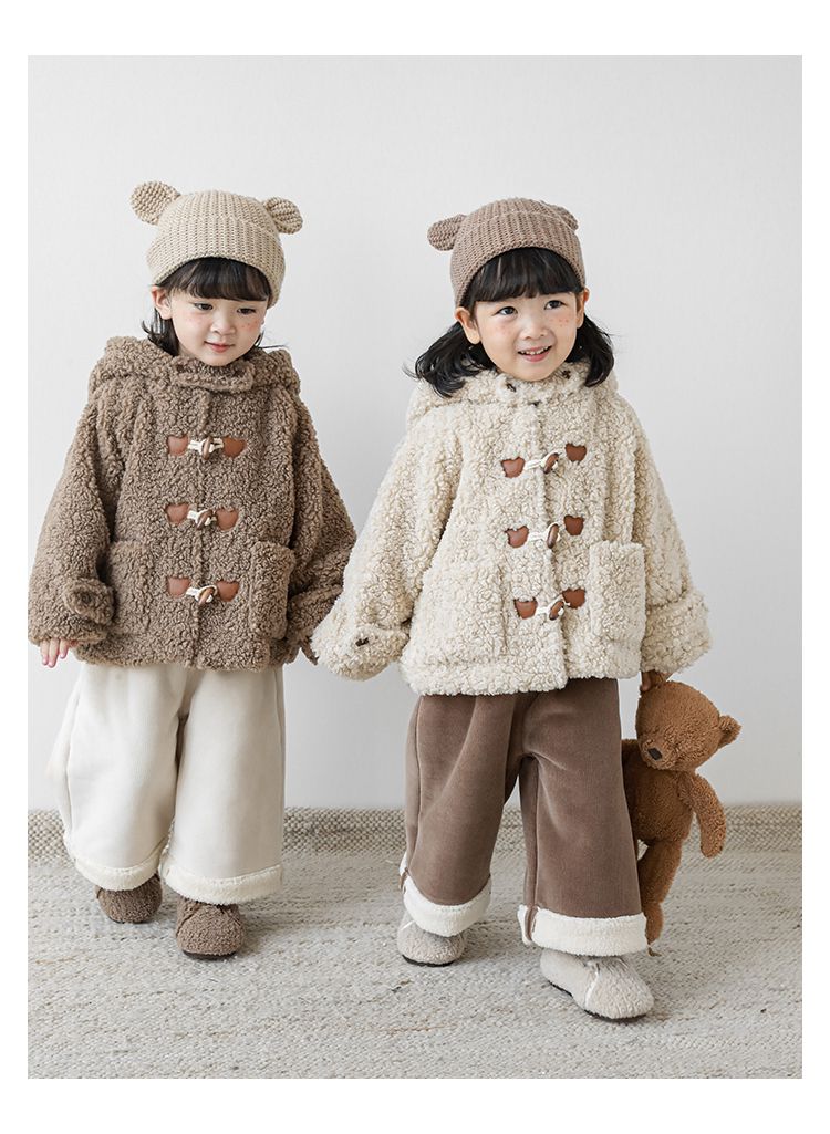 TONGMO - 立體造型羊羔絨牛角釦連帽外套-熊耳朵-米色