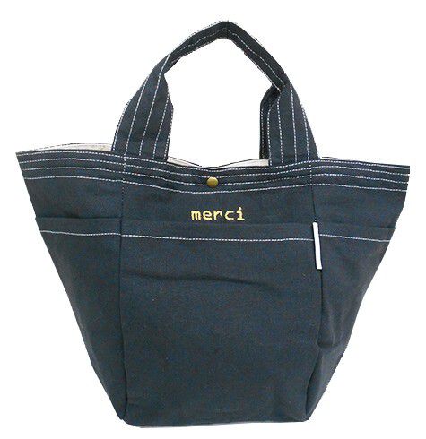 日本 Chepeli - 印度棉 刺繡手提帆布包/托特包-merci-黑 (25x37x16cm)