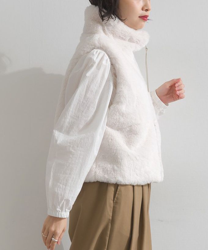 日本 ELENCARE DUE - 柔軟蓬鬆仿毛立領雙拉鍊背心-摩卡灰