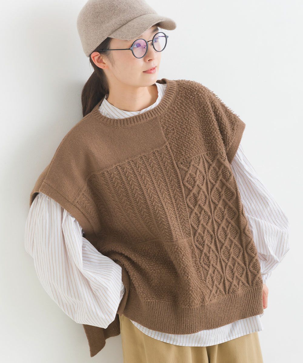 日本女裝代購 - 圓領編織紋拼接針織背心-咖啡