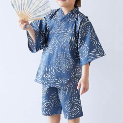 日本 devirock - 期間限定！經典日式風甚平套裝-煙火-靛藍