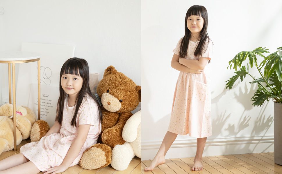 Annypepe - 女童純棉鳥語花香短袖居家睡衣洋裝-淺粉 (130-150cm)