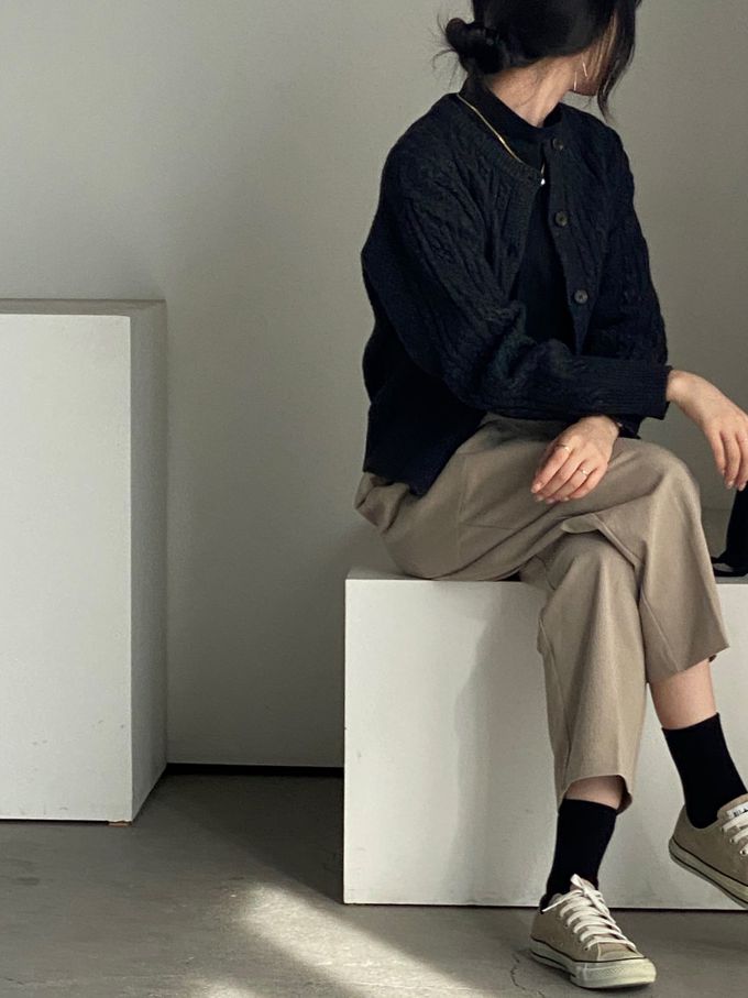 韓國女裝連線 - 鬆緊腰雙口袋錐形修飾長褲-灰卡其 (FREE)