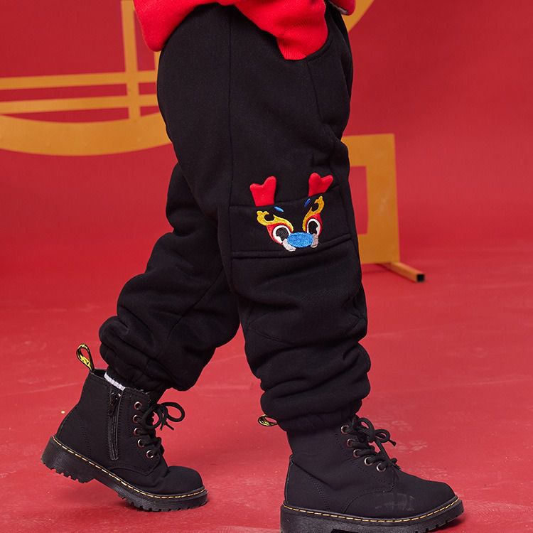 (加絨)喜氣拜年休閒長褲-立體龍角-黑色