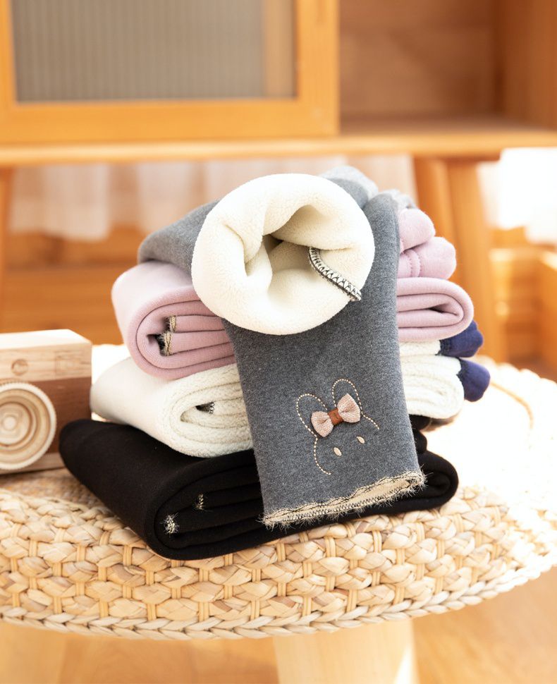 FANMOU - 加絨內搭褲-兔子蝴蝶結-深藍色