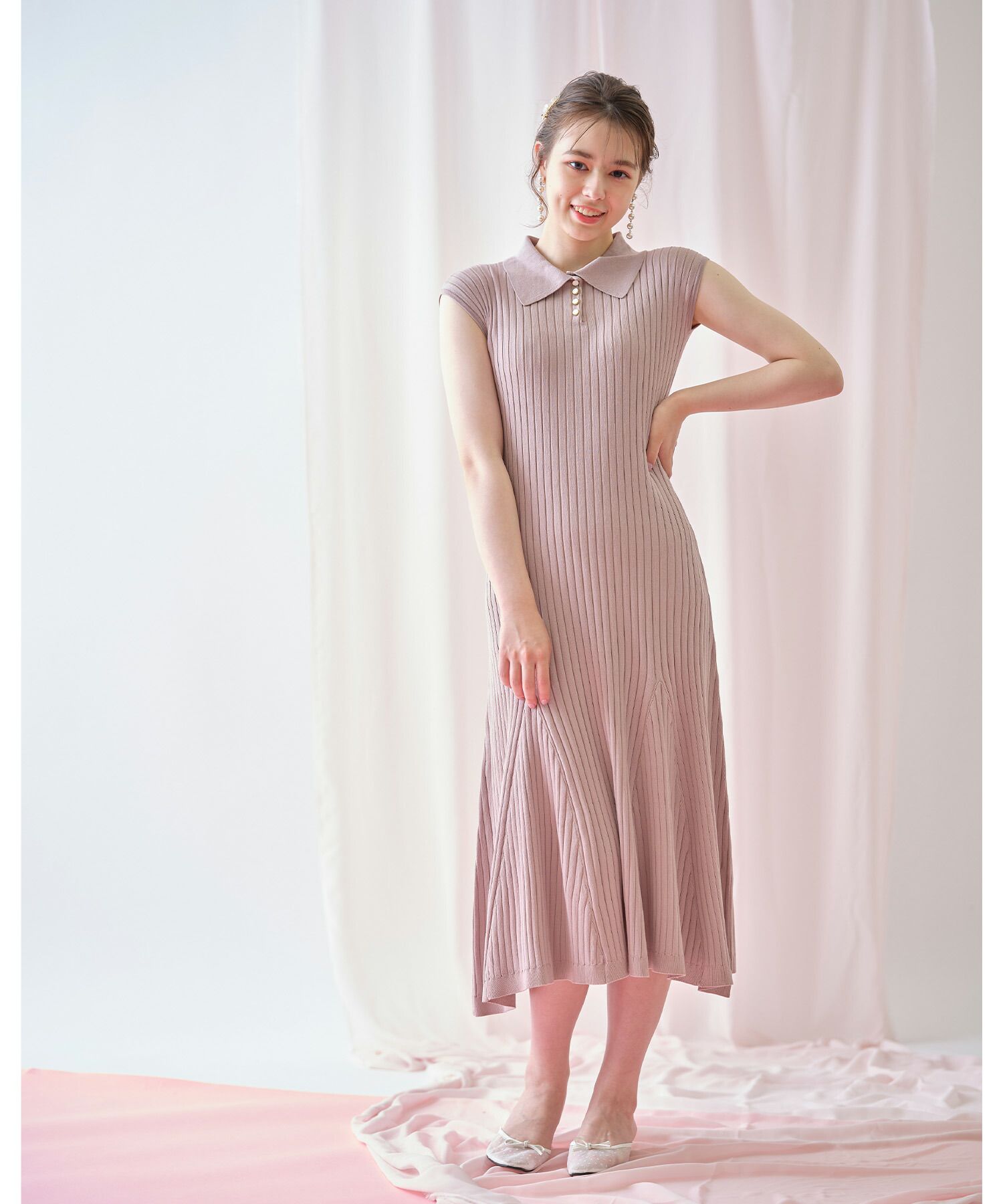 日本 tocco-closet - 直羅紋翻領修身洋裝-海軍藍