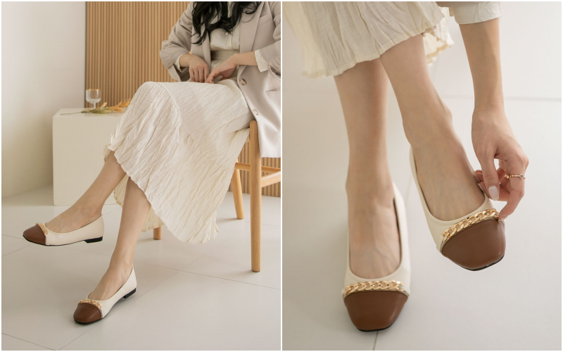 韓國 PINKELEPHANT - 鎖鏈拼色圓頭包鞋-米白X杏