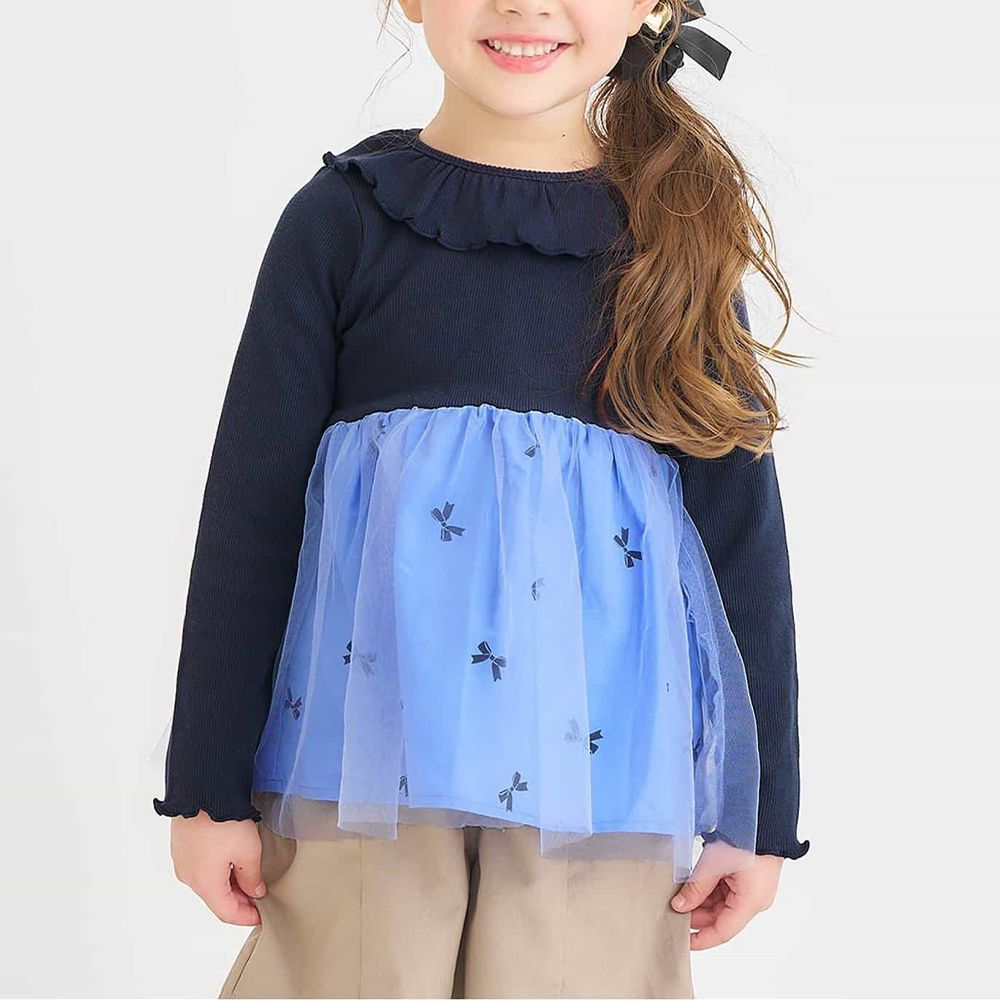 浪漫荷葉領薄紗拼接長袖上衣-蝴蝶結-深藍