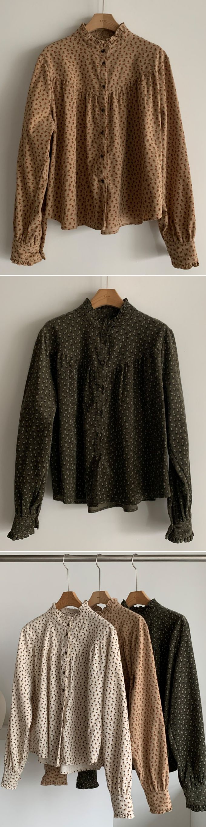 韓國女裝連線 - 滿版小花朵燈芯絨長袖襯衫-卡其 (FREE)