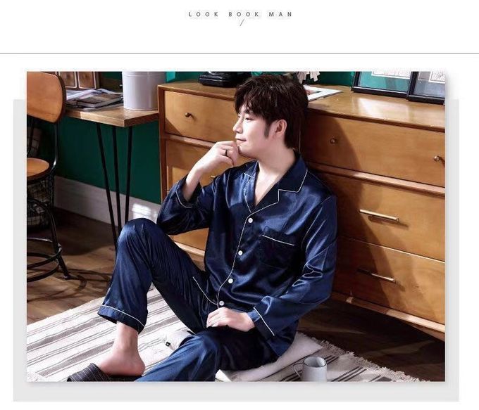 男士冰絲長袖家居服/睡衣套裝-緞面-深藍色