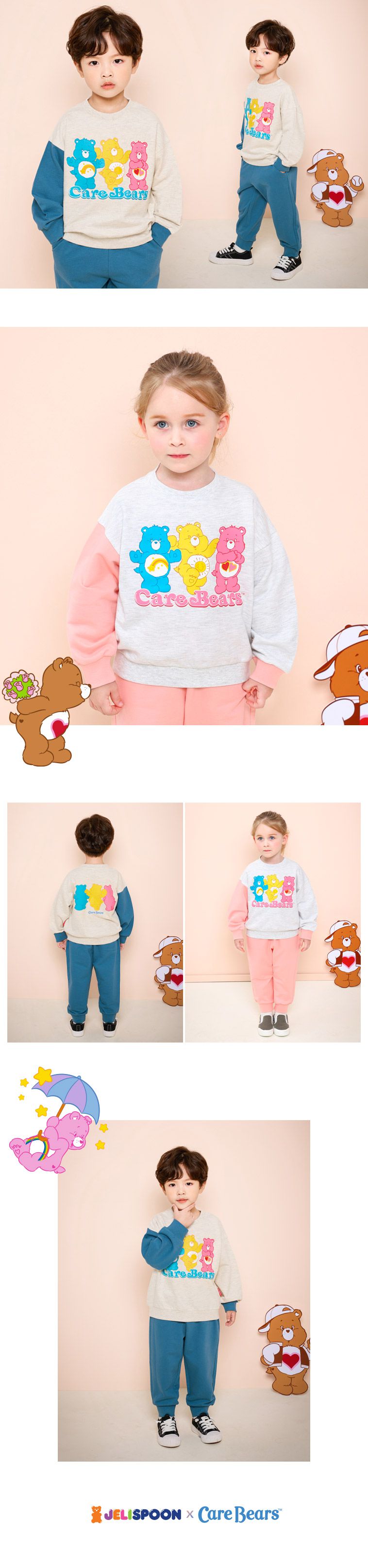 韓國 Jelispoon - (聯名款)熊熊好友印長袖套裝-粉X淺灰