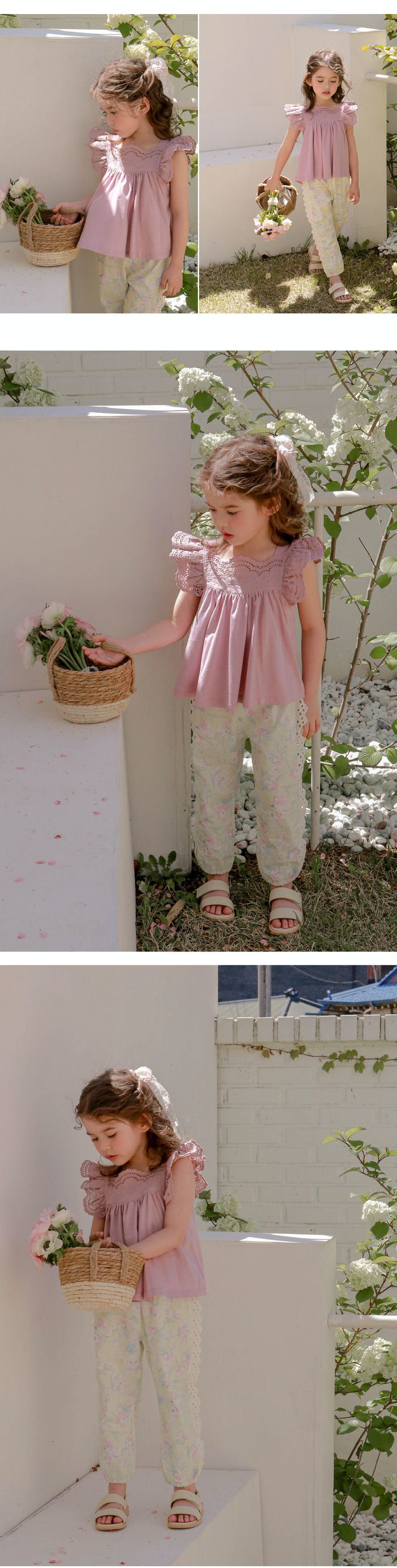 韓國 Puellaflo - 蕾絲鏤空領蝴蝶袖上衣-玫瑰粉