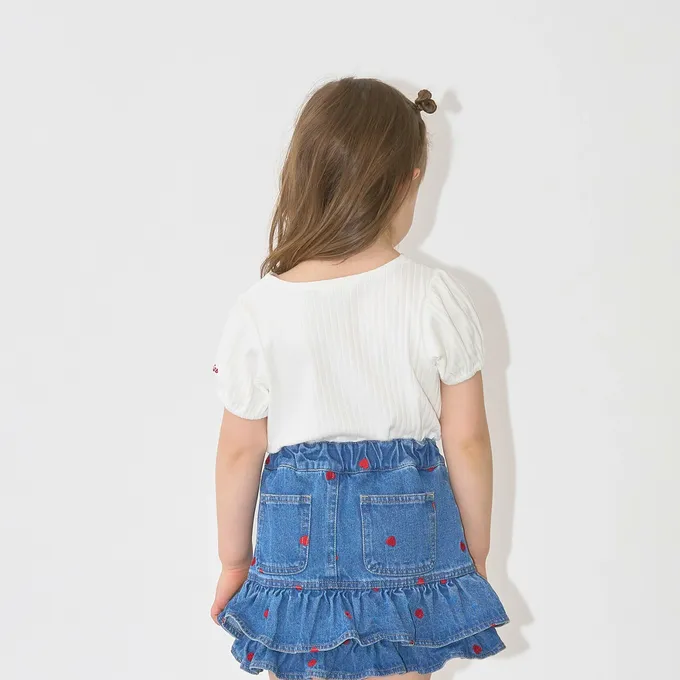 日本 Lycee mine - 方領羅紋可愛刺繡泡泡短袖上衣-小花-深藍