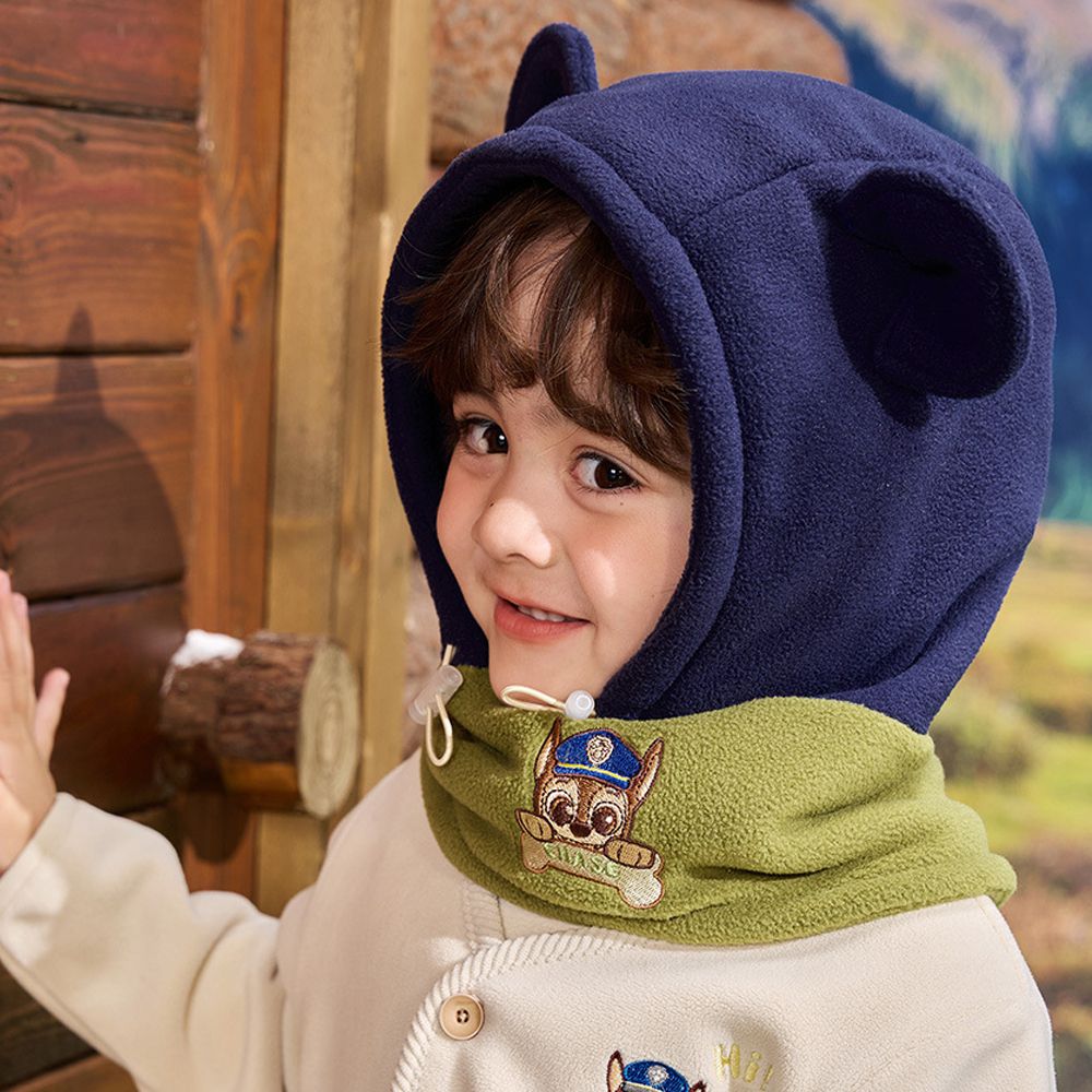 雙層加絨圍脖一體帽-卡通人物阿奇-拼色藍 (52-56cm)